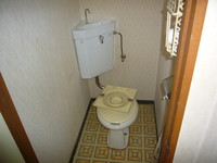 既存トイレ。今の節水型トイレの倍以上、水を使います。床のクッションフロアーのデザインが時代を感じさせます。